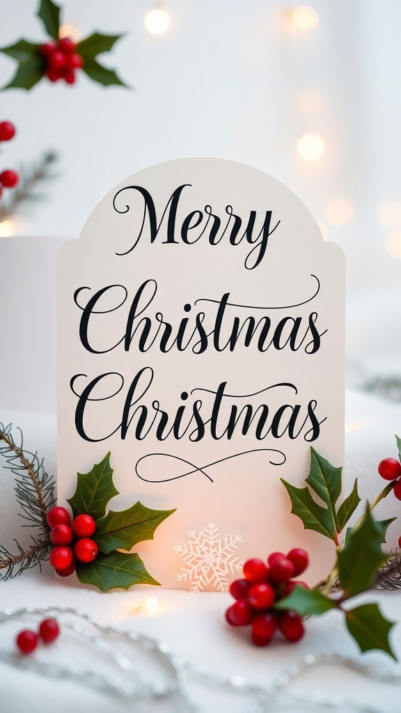 A Christmas card with a festive quote, decorated with holly and snowflakes.